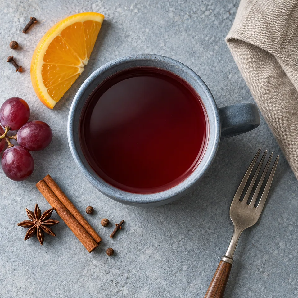 Punch chaud aux épices, raisin et orange servi dans un mug bleu-gris, boisson rubis limpide et chaude.