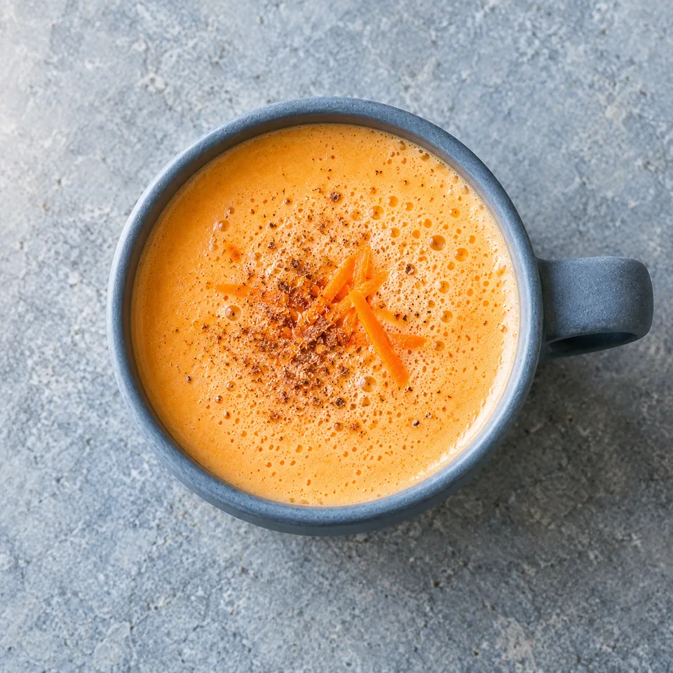 Punch jamaïcain carotte, lait et muscade dans un mug bleu-gris, surface lisse et crémeuse.