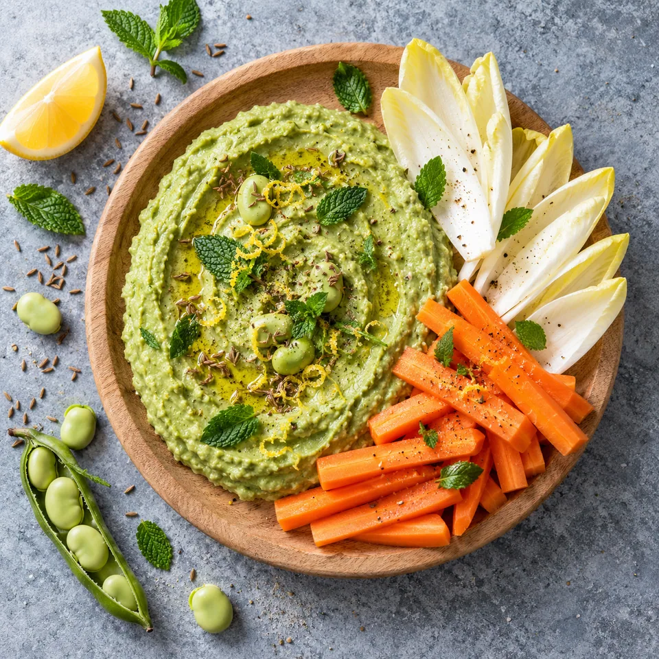 Purée de fèves à la menthe, citron et cumin servie sur une planche en bois avec bâtonnets de carotte et feuilles d'endive.