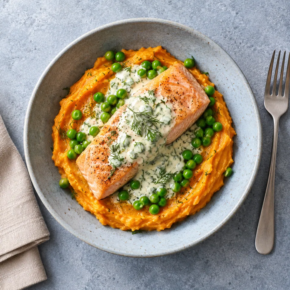 Assiette creuse bleu-gris : purée de patate douce orange, saumon rose nappé de crème verte à l'aneth et petits pois.