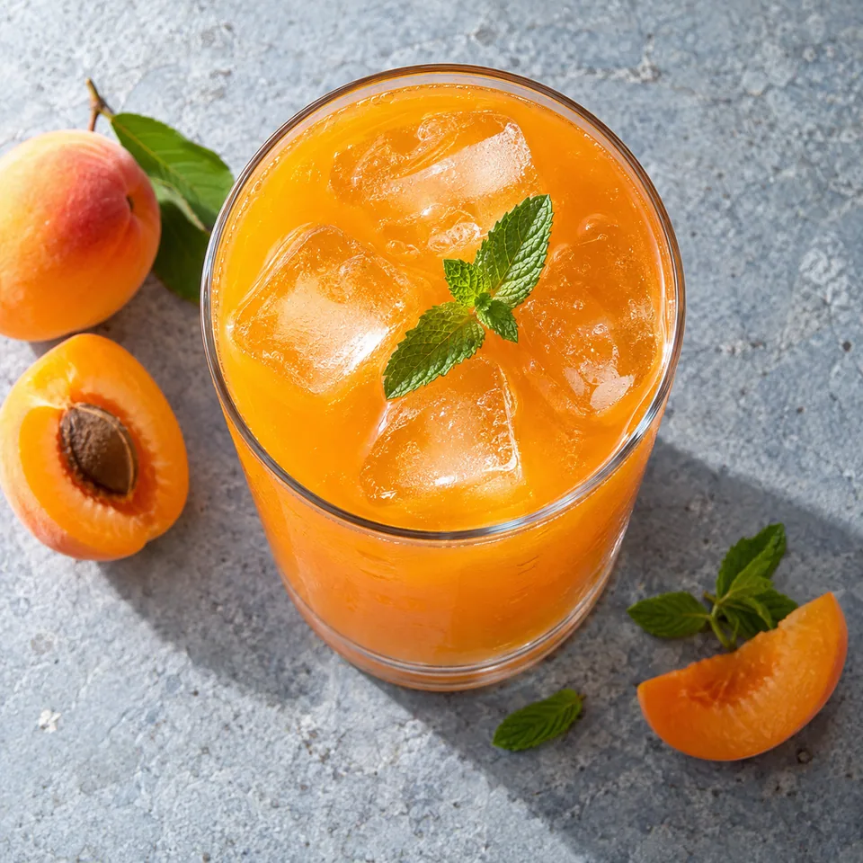 Qamar al-din, boisson orange translucide aux abricots servie avec des glaçons dans un grand verre transparent.