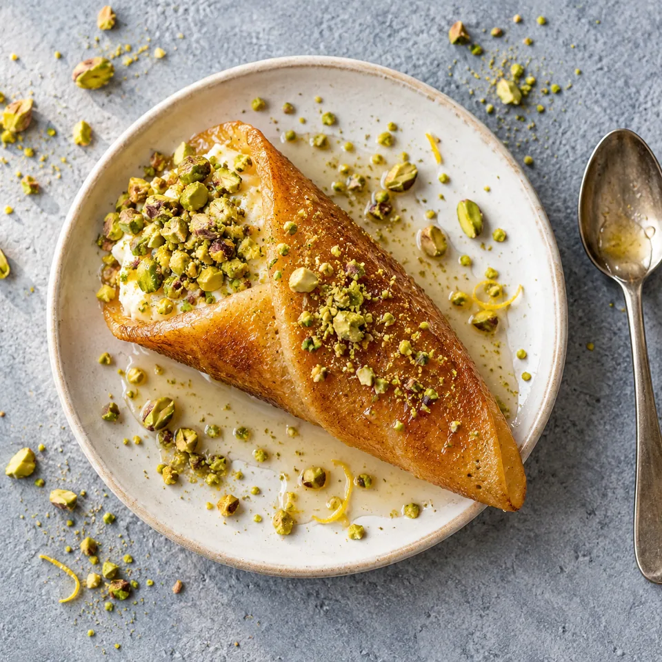 Qatayef au fromage frais et pistaches, sirop citronné : crêpe dorée garnie de pistaches vertes et nappée de sirop.