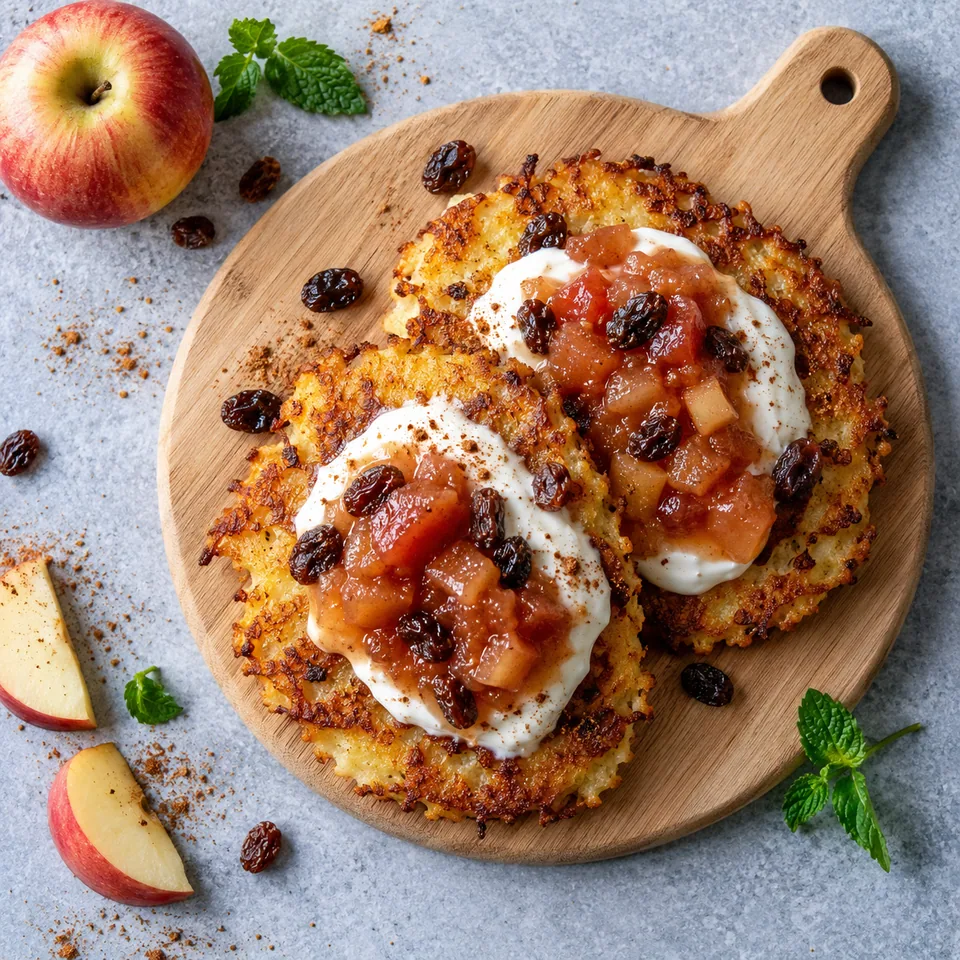 Quarkkeulchen au fromage blanc et compote : deux galettes dorées sur bois, nappées de skyr blanc et compote rouge.