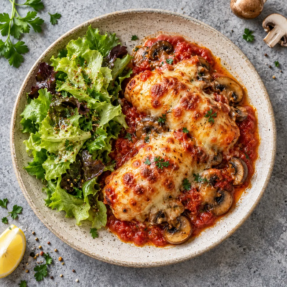 Quenelles gratinées aux champignons sur sauce tomate, servies avec une salade verte vinaigrée sur assiette beige.