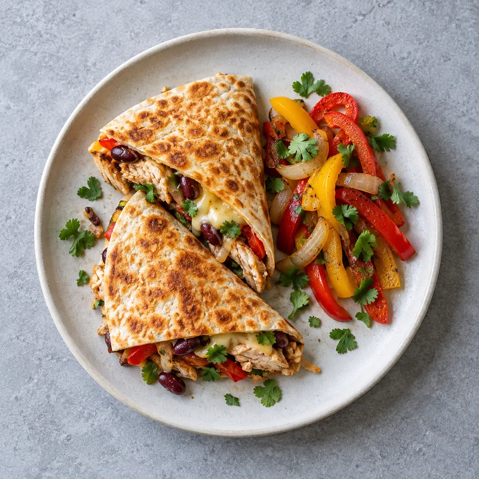 Quesadillas au poulet et aux poivrons : deux triangles dorés, garniture visible aux bords, légumes cuits en accompagnement.