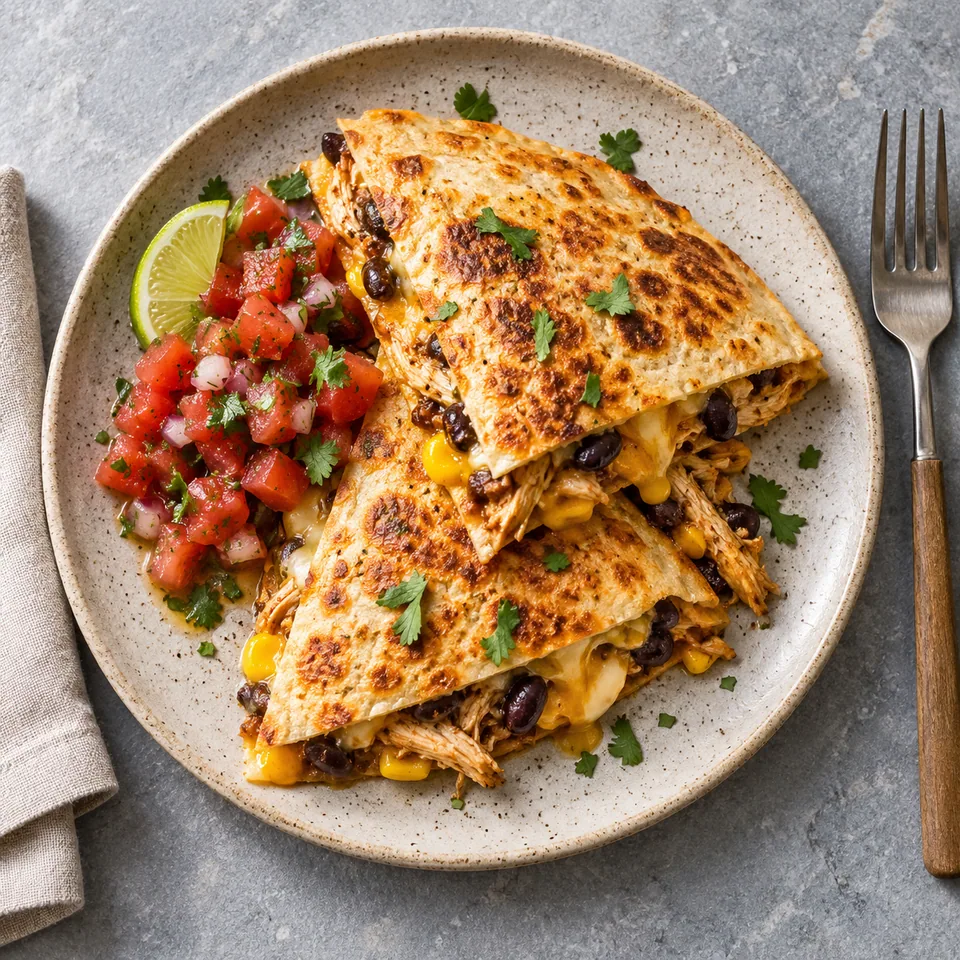 Quesadillas au poulet, haricots et fromage à la poêle : portion dorée et croustillante avec salsa tomate à côté