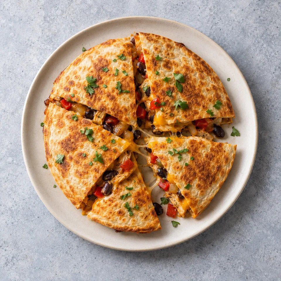 Quesadillas croustillantes au poulet : tortilla dorée garnie de poulet, poivron, oignon, haricots noirs et cheddar fondu.