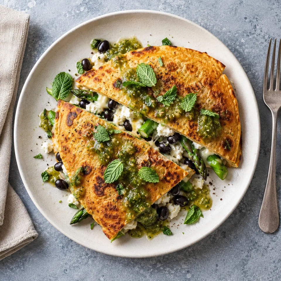 Quesadillas de maïs aux asperges et chèvre dorées, coupées en triangles, nappées de salsa verte et menthe sur assiette blanche.