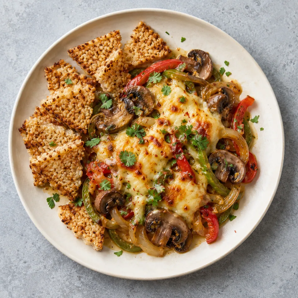 Queso fundido aux champignons et galettes de riz sur assiette blanche