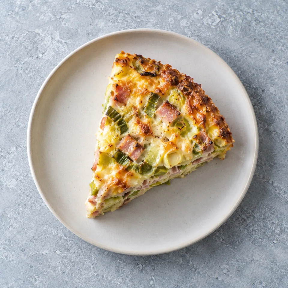 Quiche aux poireaux et au jambon sans pâte, part épaisse légèrement dorée, avec poireaux émincés et dés de jambon visibles.