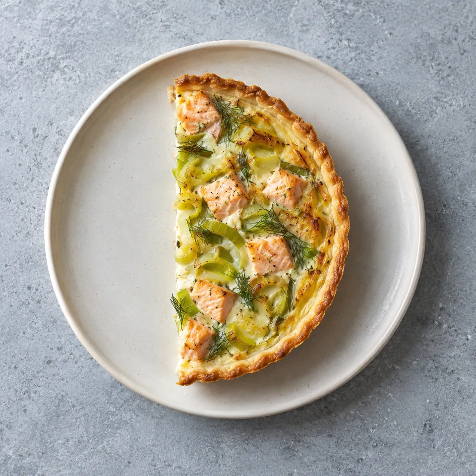 Quiche fine au saumon et aux poireaux, servie en demi-portion sur une assiette, avec pâte dorée et garniture crémeuse parsemée d’aneth.