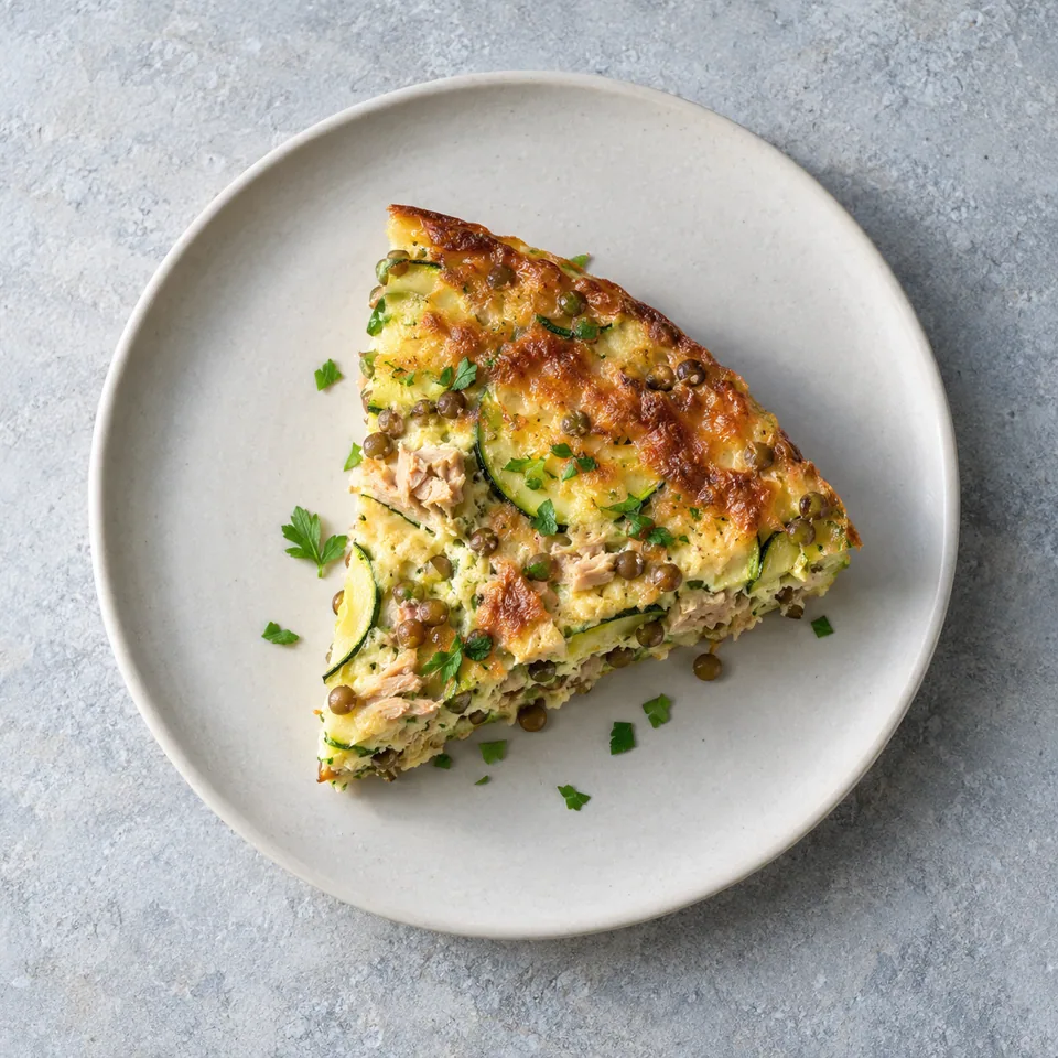 Quiche sans pâte au thon et aux courgettes : une part dorée, avec courgettes râpées, lentilles et miettes de thon visibles.