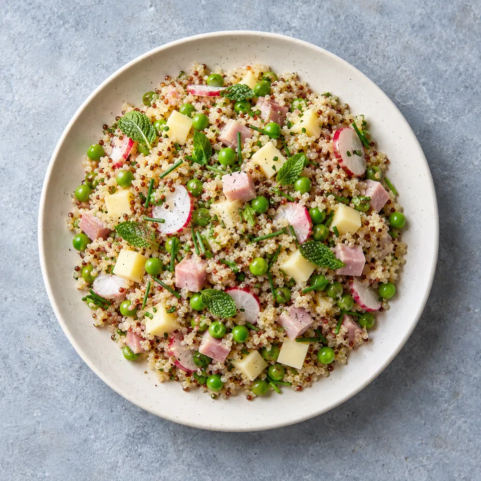 Assiette de quinoa au jambon, petits pois et comté, garni de radis et herbes fraîches.