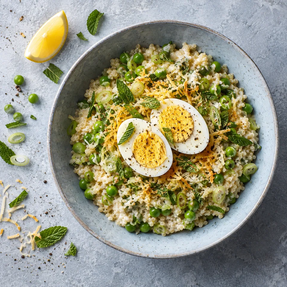 Assiette creuse bleu-gris : quinoa crémeux aux petits pois verts, œuf dur cuit et menthe fraîche.