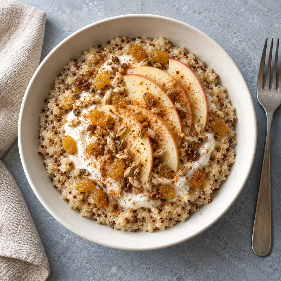 Bol de quinoa au yaourt, pommes râpées, raisins secs et graines de tournesol, vu de dessus.