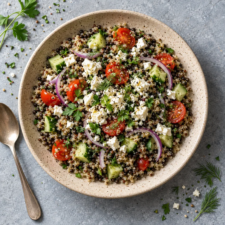 Quinoa grec aux lentilles et à la feta servi dans une assiette en grès beige, garni de feta et d'herbes fraîches.