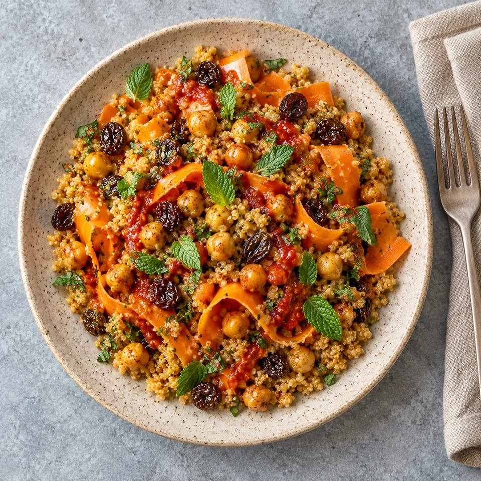 Assiette de quinoa minute aux pois chiches, carottes râpées et harissa, garnie de menthe fraîche.