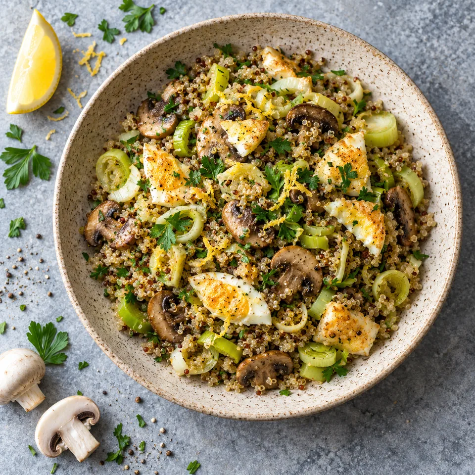 Quinoa sauté aux poireaux et champignons servi dans une assiette en grès beige sable moucheté, garni de persil et zeste de citron.