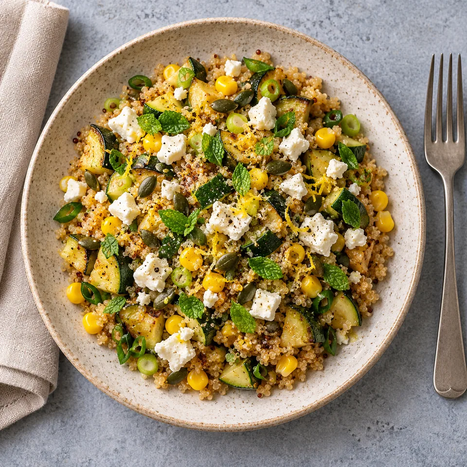 Assiette de quinoa sauté au maïs, courgette et feta, garni de menthe et graines de courge.