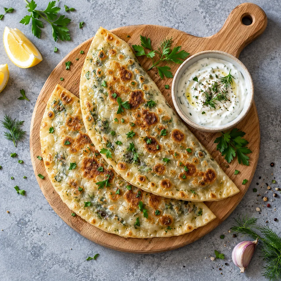 Qutab azerbaïdjanais : deux galettes en demi-lune dorées sur une planche en bois, avec un bol de yaourt à l'ail.