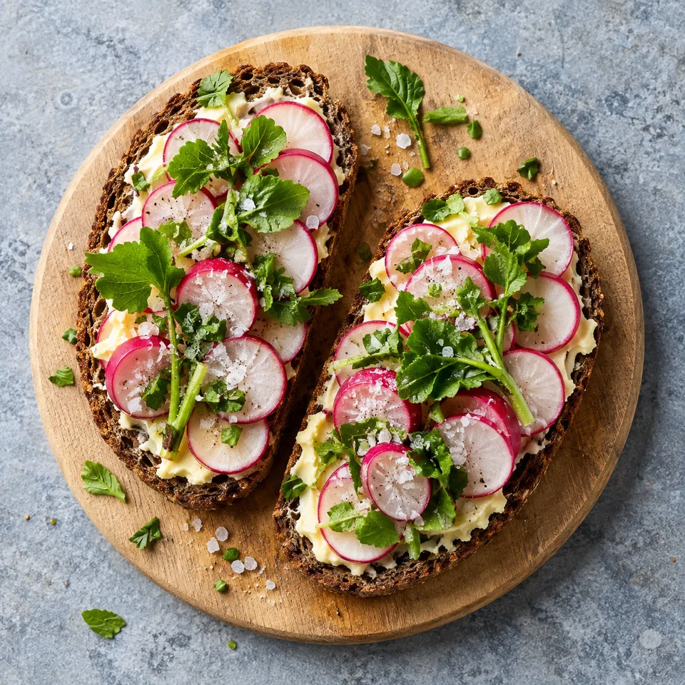 Radis croquants sur pain de seigle beurré, garnis de fanes et fleur de sel sur une planche en bois.