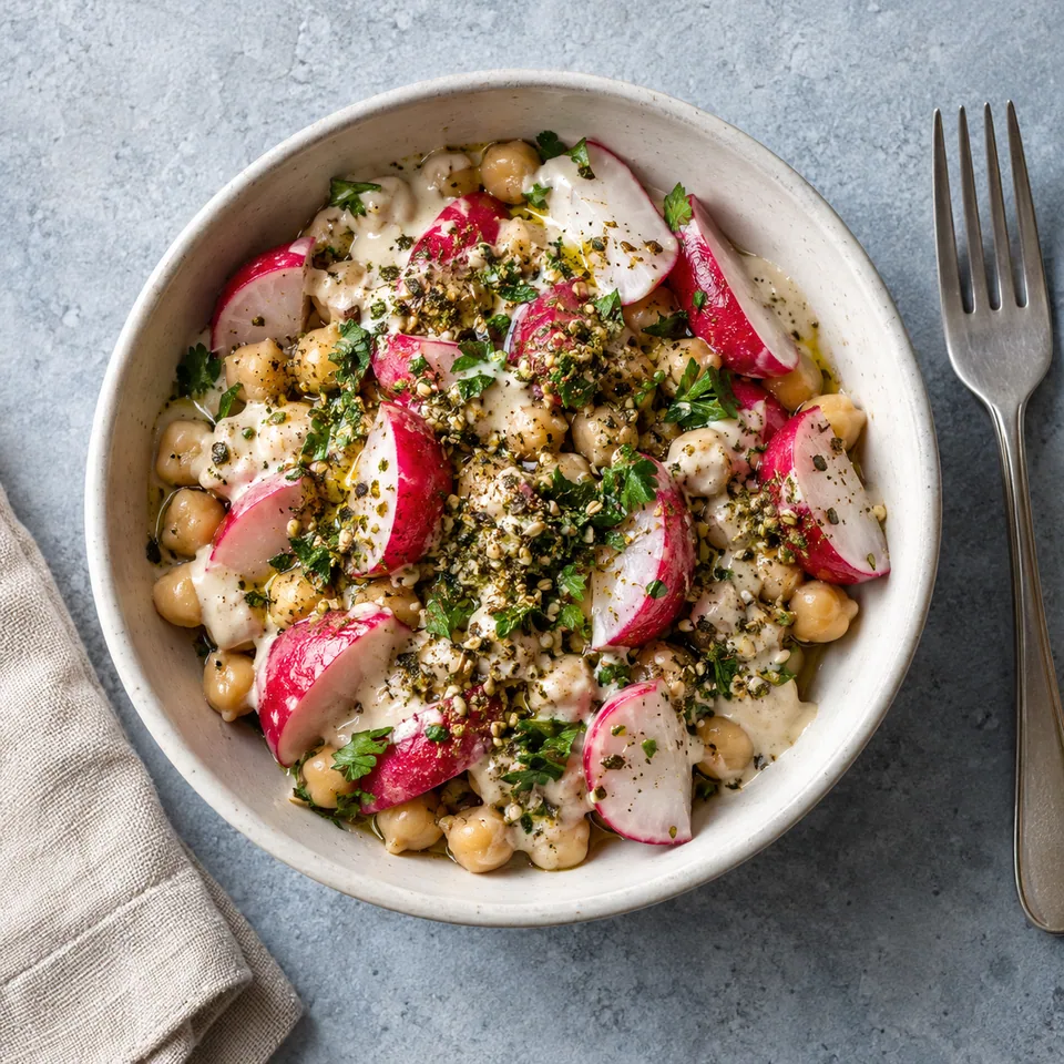Radis croquants à la crème de tahini et pois chiches dans un bol blanc cassé