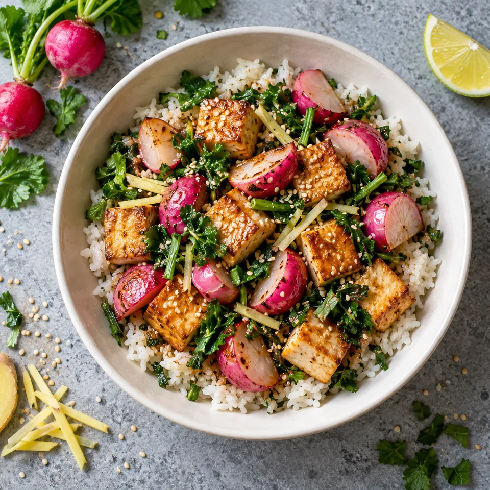 Bol de riz au gingembre, tofu doré et radis roses sautés, parsemé de sésame.