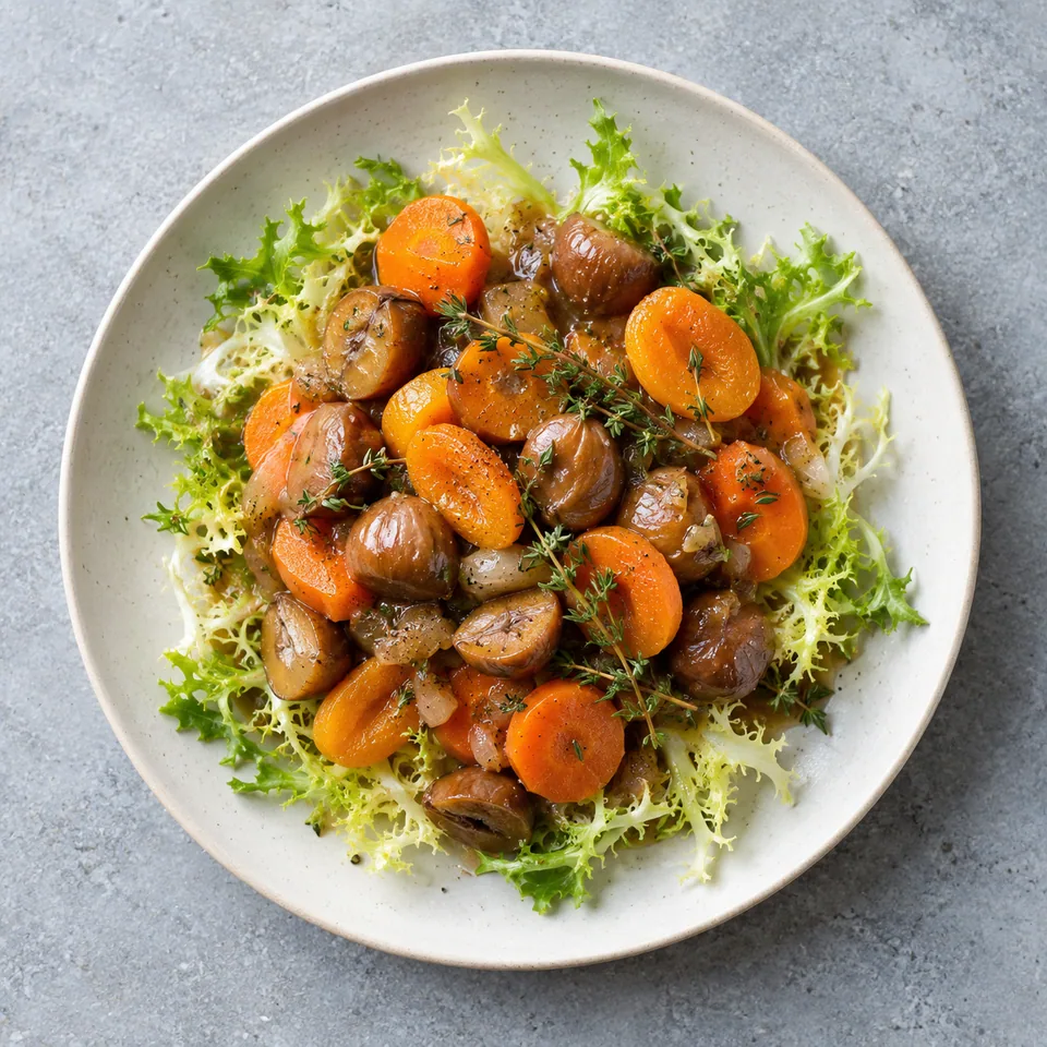 Portion de ragoût de châtaignes aux carottes et abricots sur lit de frisée