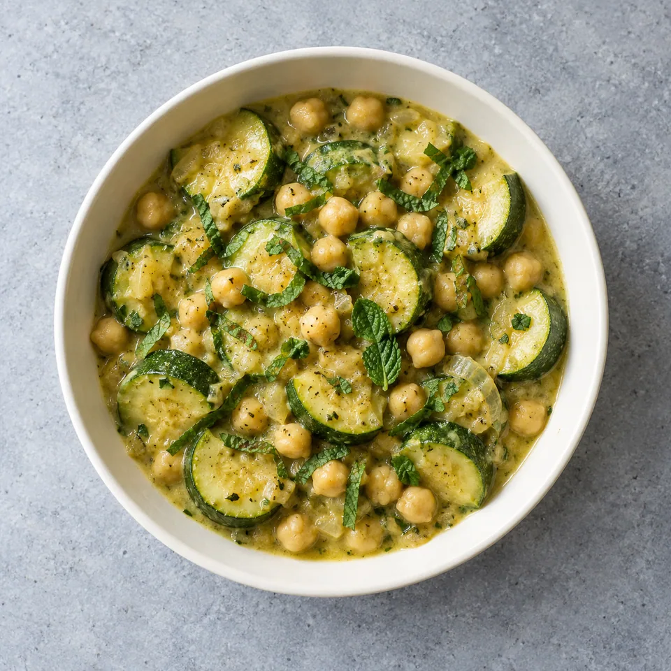 Ragoût de courgettes et pois chiches dans un bol blanc, sauce crémeuse, rondelles de courgette, pois chiches et menthe fraîche.