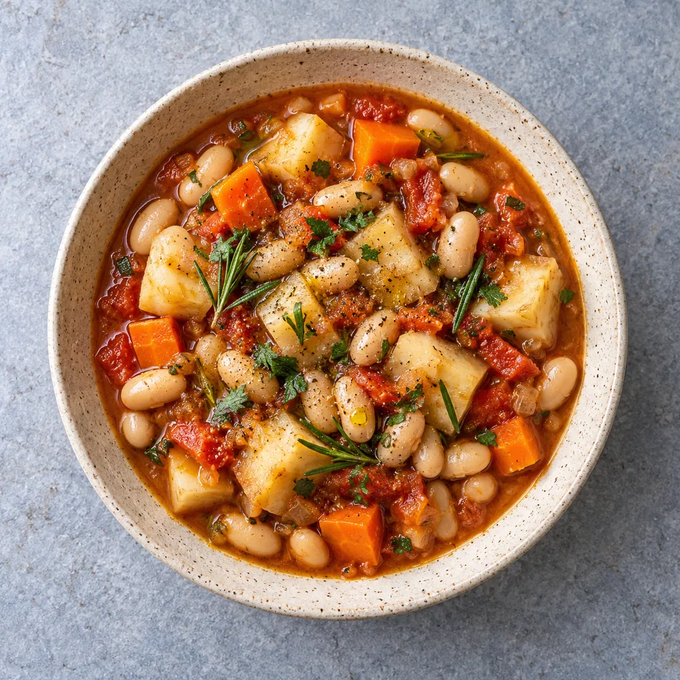 Assiette de ragoût de haricots blancs, céleri-rave et carottes, garni de persil et d'huile d'olive.