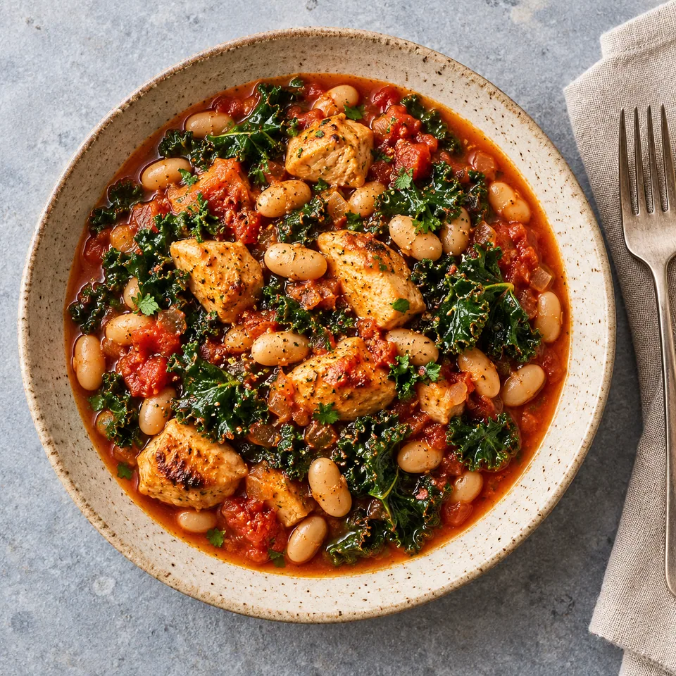 Ragoût de haricots blancs, poulet et kale : dés de poulet, haricots et kale dans une sauce tomate rouge, servi dans une assiette en grès beige.