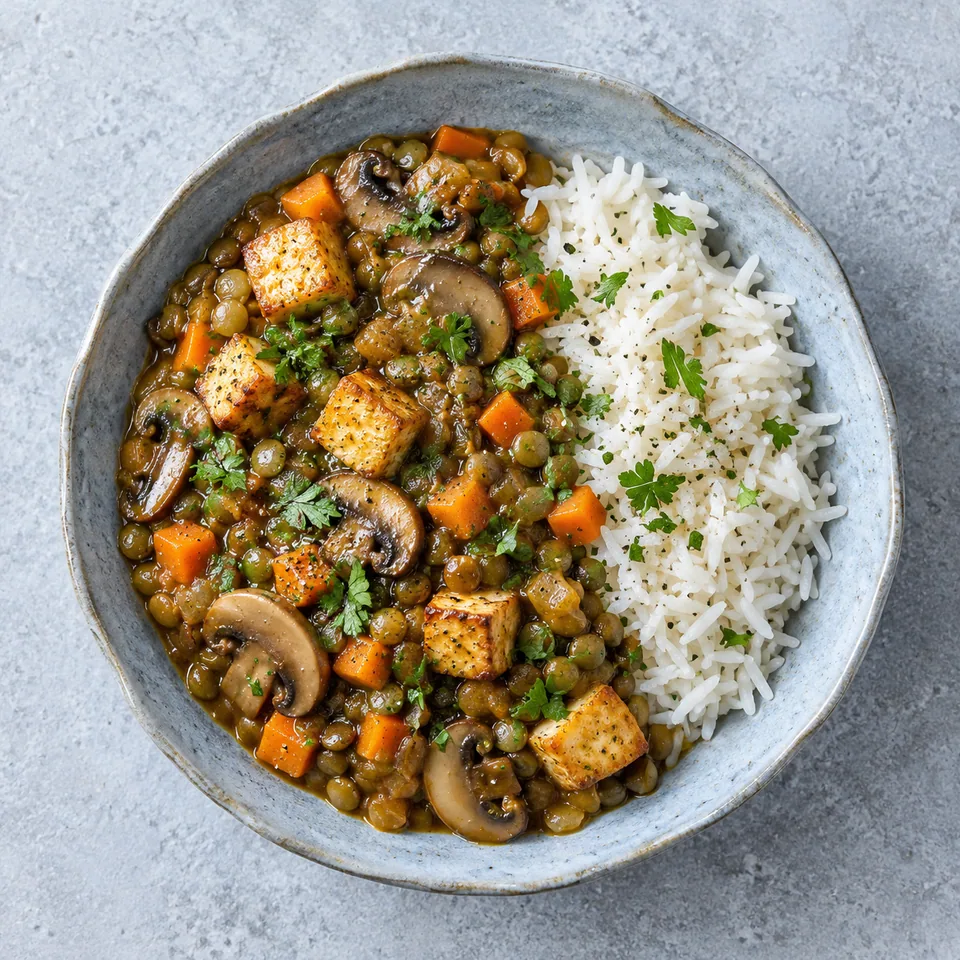 Bol de ragoût de lentilles aux champignons et riz, avec tofu doré et légumes visibles.