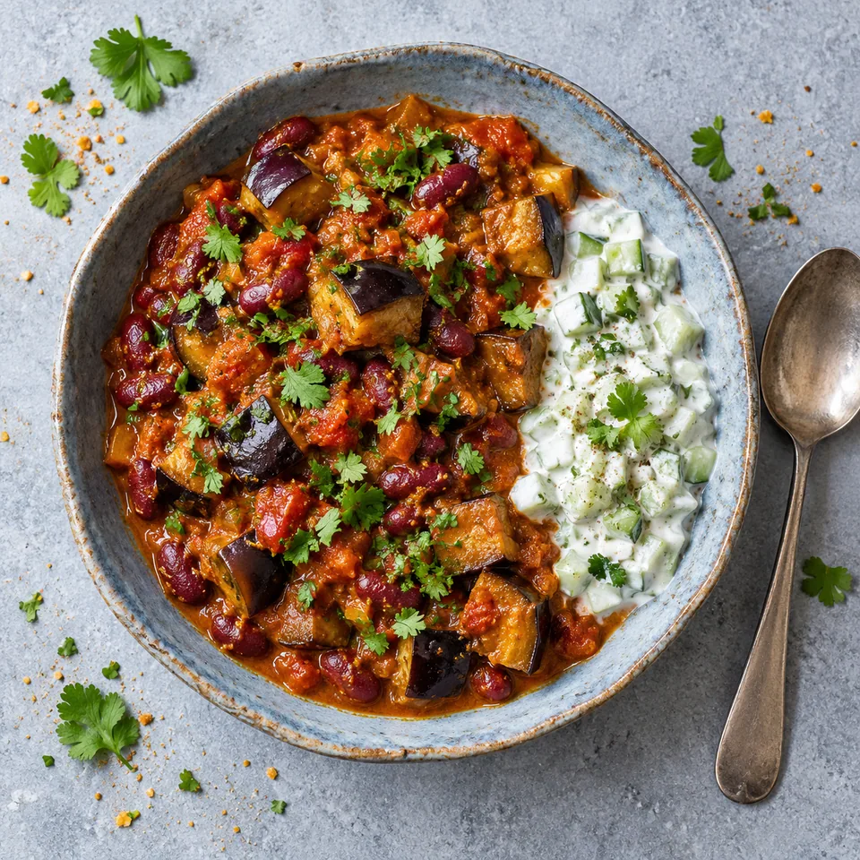 Rajma : bol de curry de haricots rouges et aubergines en dés, sauce tomate brillante, parsemé de coriandre fraîche, accompagné de raïta.
