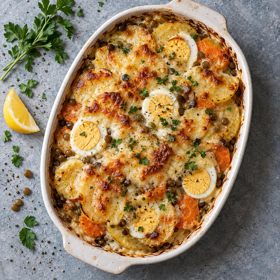 Rakott krumpli : portion de gratin hongrois aux pommes de terre, lentilles, œufs et sauce crémeuse dorée au four.