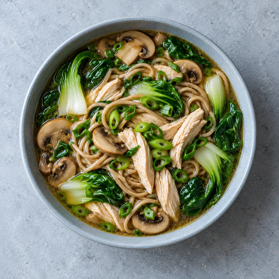 Ramen express au poulet : bouillon brun clair, nouilles complètes, poulet pâle, champignons émincés, pak-choï, épinards et ciboule.