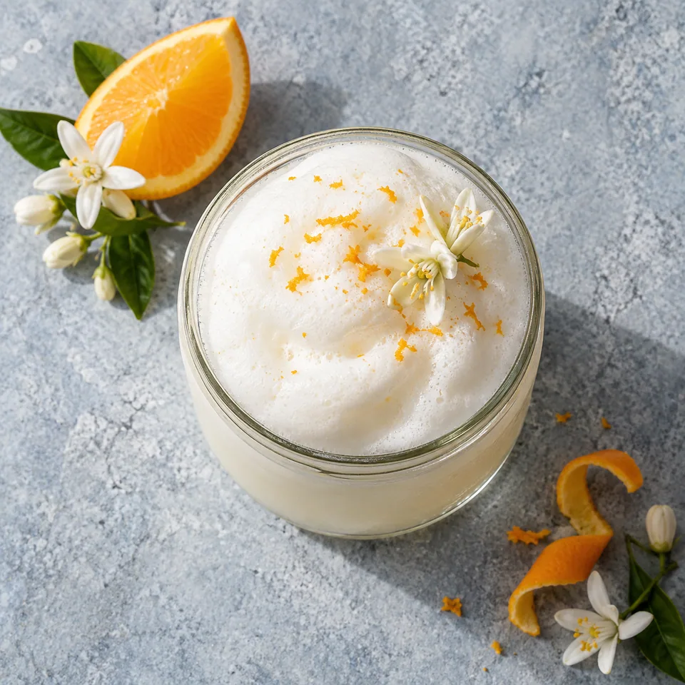 Ramos gin fizz à la fleur d’oranger : boisson mousseuse blanche et aérienne servie dans un bocal en verre.