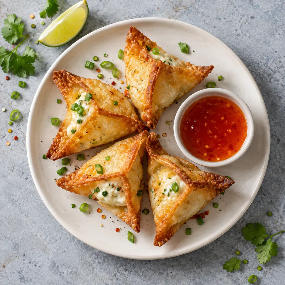 Ragoûtons au fromage frais à l’air fryer : quatre bouchées croustillantes dorées sur une assiette blanche avec sauce rouge.
