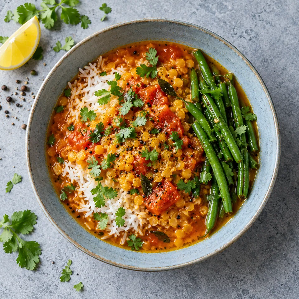 Assiette creuse bleu-gris contenant riz, bouillon tomate-lentilles et haricots verts, parsemé de coriandre fraîche.