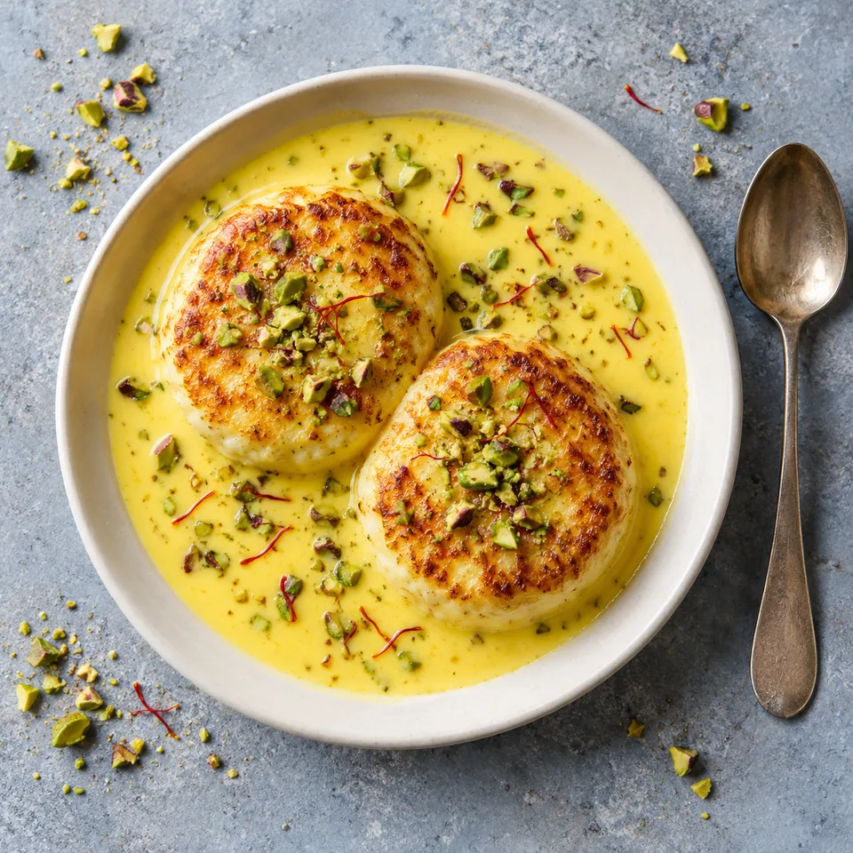 Rasmalai express au lait safrané : deux palets dorés nappés de lait safrané brillant et parsemés de pistaches vertes dans une assiette blanche.