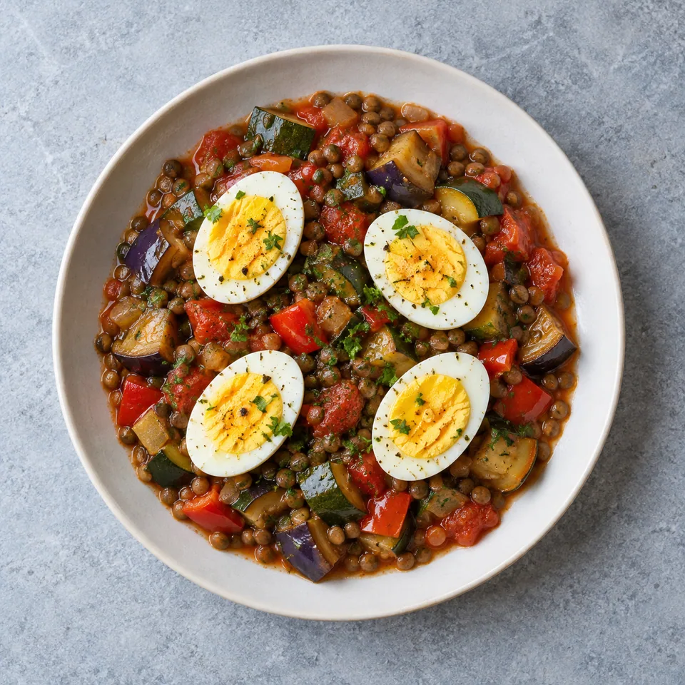 Ratatouille aux lentilles et œufs durs : dés de légumes fondants mêlés aux lentilles, surmontés de quatre moitiés d’œufs.