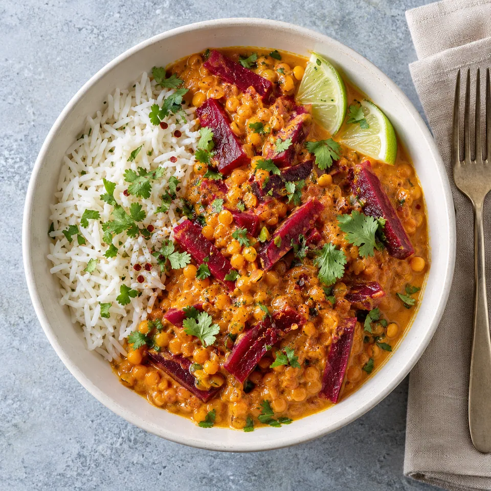 Bol de curry aux lentilles, betteraves et coco servi avec riz basmati blanc sur fond blanc cassé.