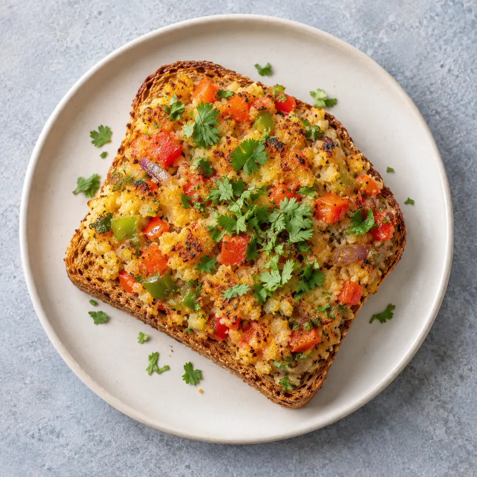 Toast de pain complet à la semoule et légumes colorés sur assiette blanche, vue de dessus.