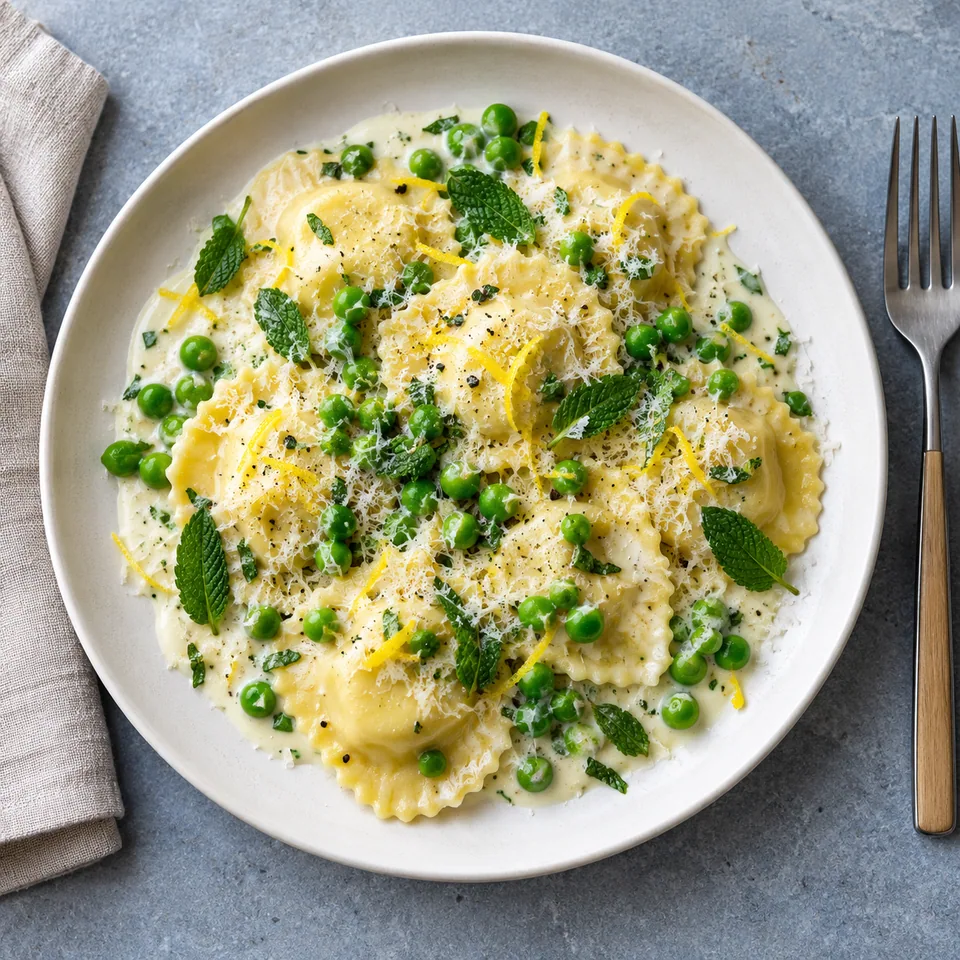 Ravioli ricotta, citron et petits pois : raviolis crémeux aux pois verts et menthe sur assiette blanche.