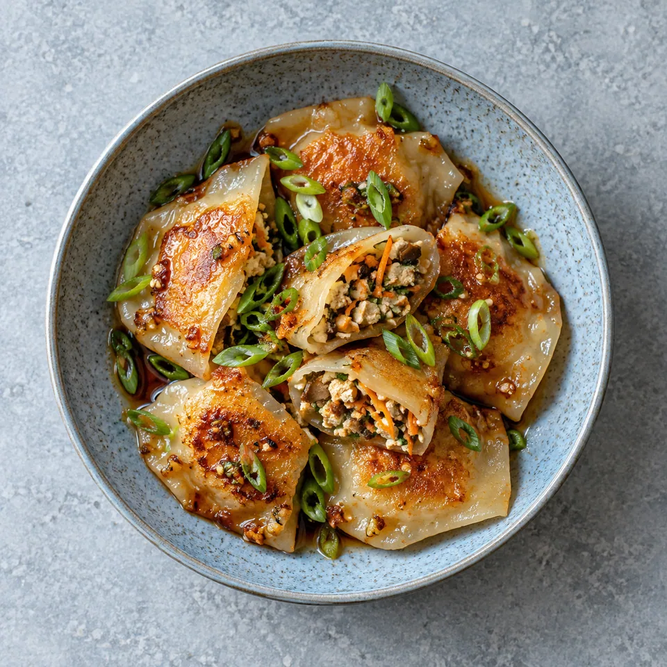 Raviolis de riz au tofu et champignons dorés, nappés de sauce et parsemés de ciboule sur une assiette bleue.