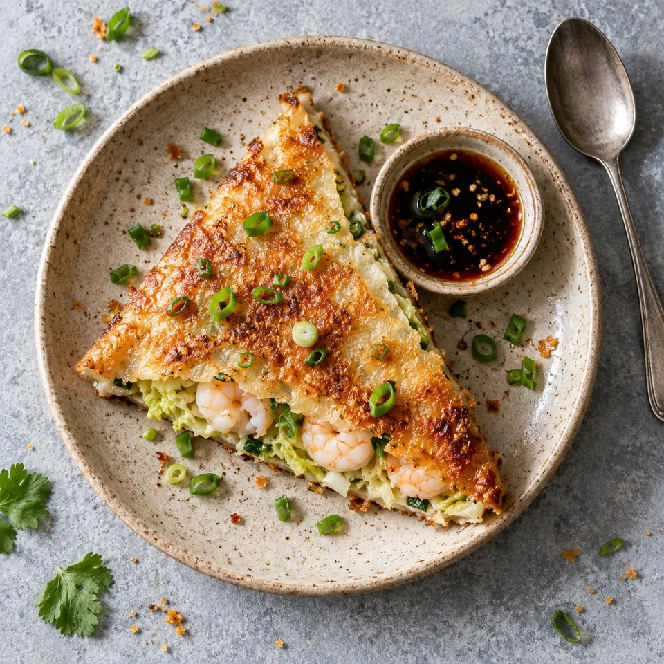 Raviolis sans pliage aux crevettes et ciboule : part de galette dorée et croustillante avec farce visible et ciboule fraîche sur assiette grès.