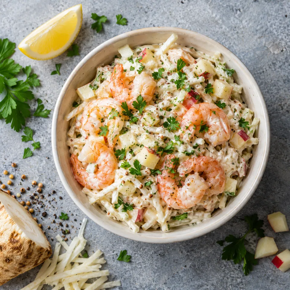Rémoulade de céleri au skyr et crevettes dans un bol blanc cassé, avec dés de pomme, persil et crevettes roses.