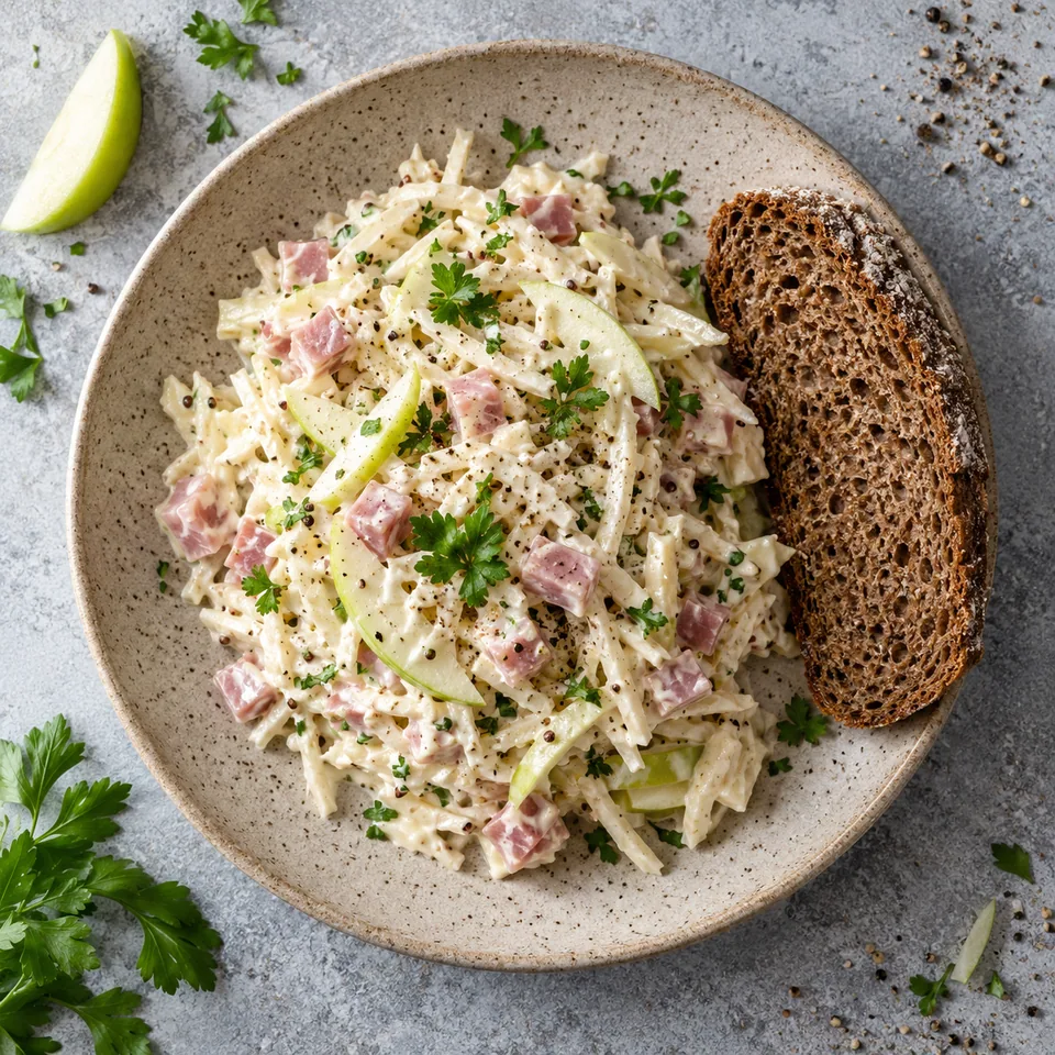 Rémoulade de céleri, pomme et jambon servie avec pain de seigle sur une assiette beige moucheté.