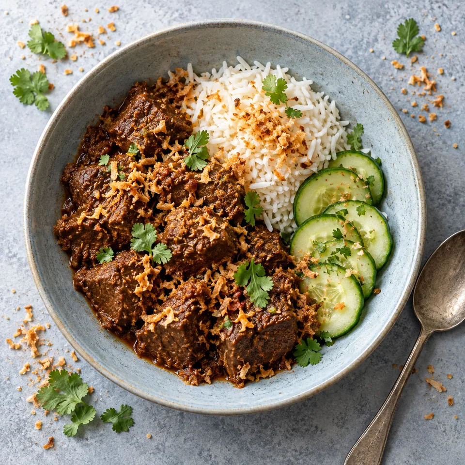 Rendang de bœuf aux cubes fondants et sauce brune, servi avec riz blanc et rondelles de concombre sur une assiette bleue.