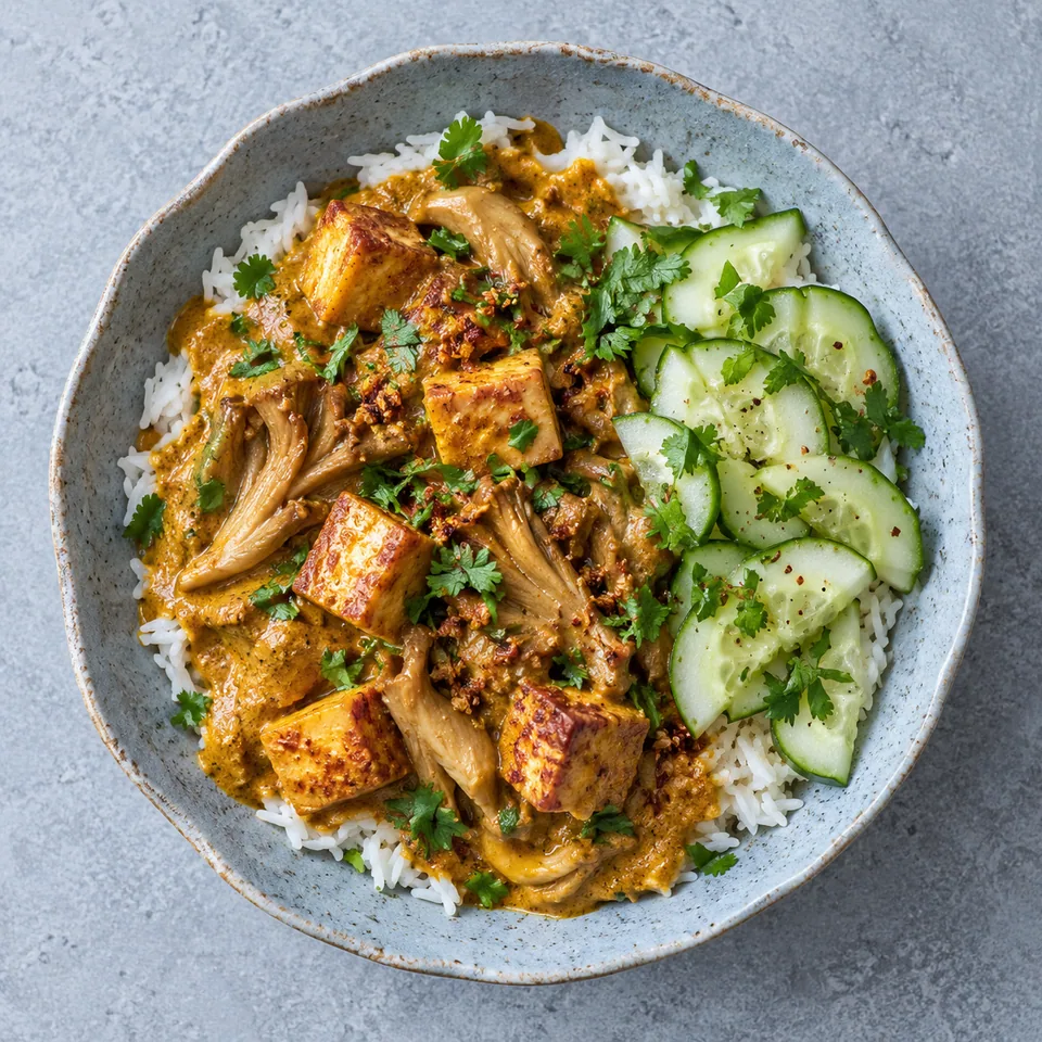 Bol de rendang de tofu et pleurotes sur riz, accompagné de rondelles de concombre et coriandre.