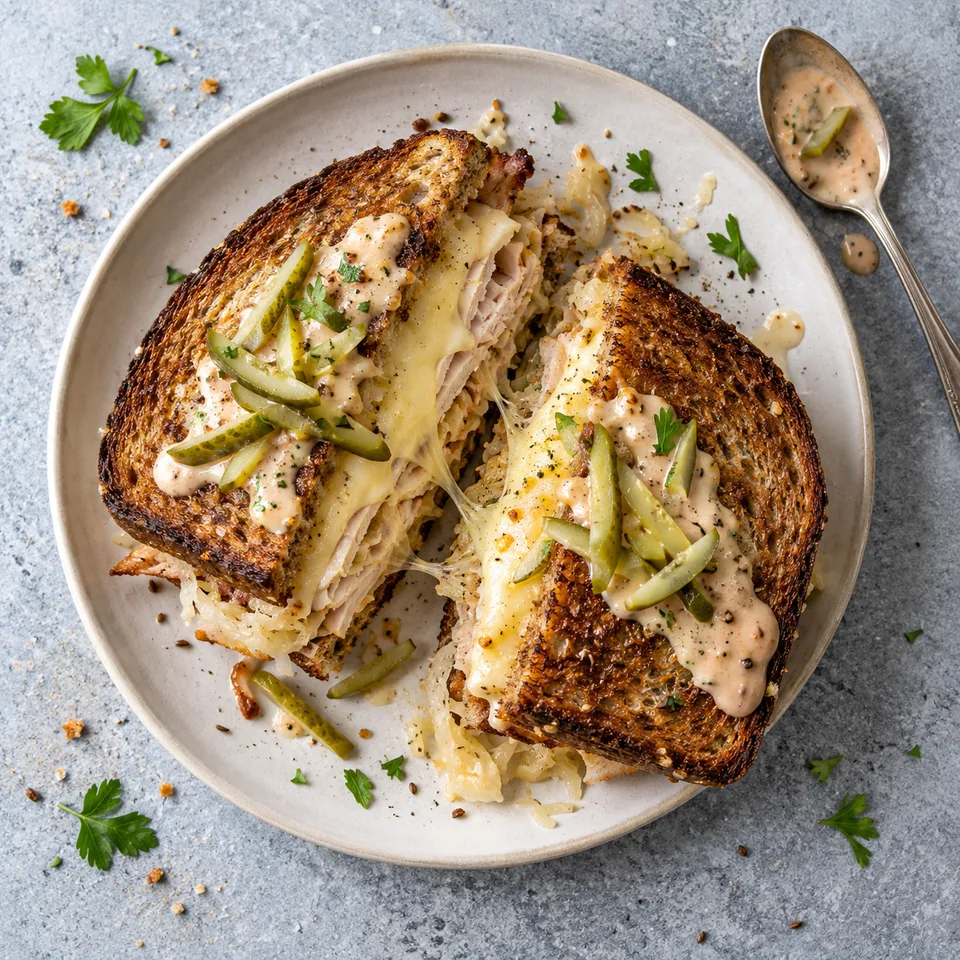 Reuben à la dinde : sandwich doré et croustillant coupé en deux, montrant l'emmental fondu, la dinde et la choucroute sur pain de seigle.